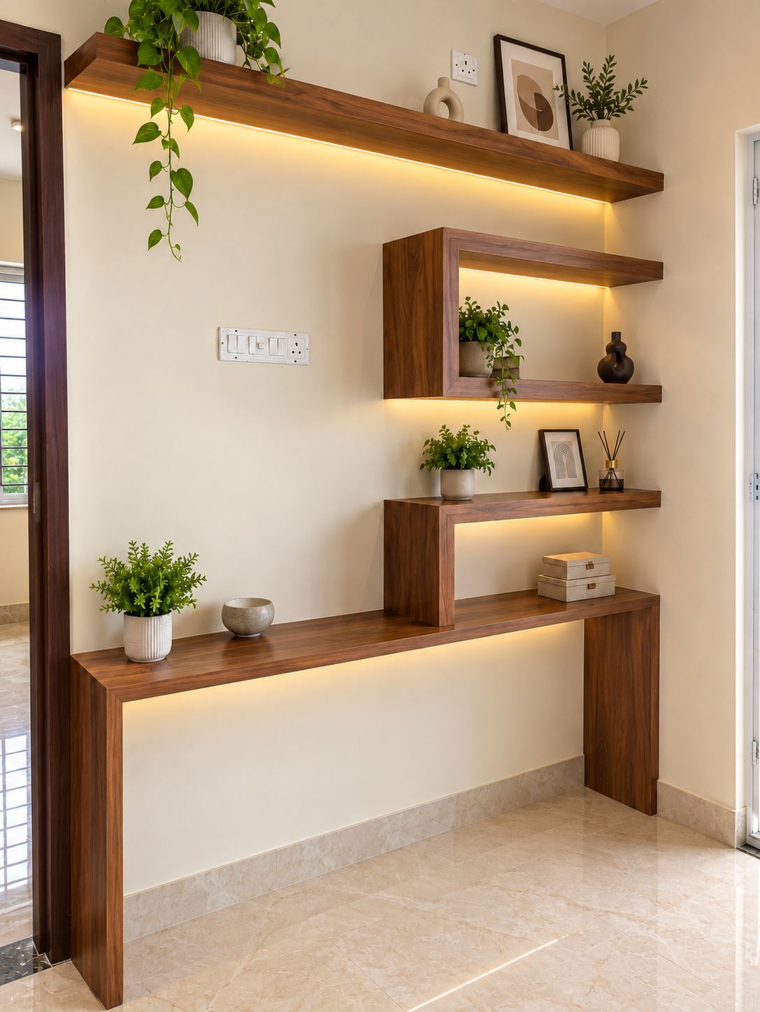 Floating wood shelves with warm LED lighting