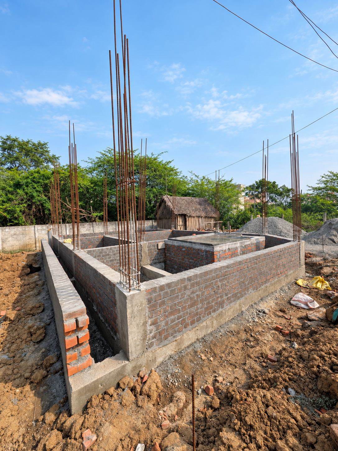 Brick foundation walls with reinforcement rebar stubs on site