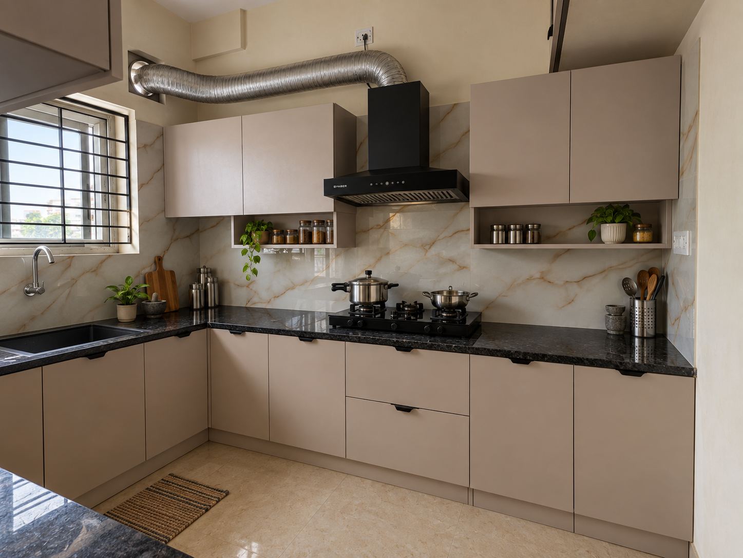 Modular kitchen with black countertop, Chennai