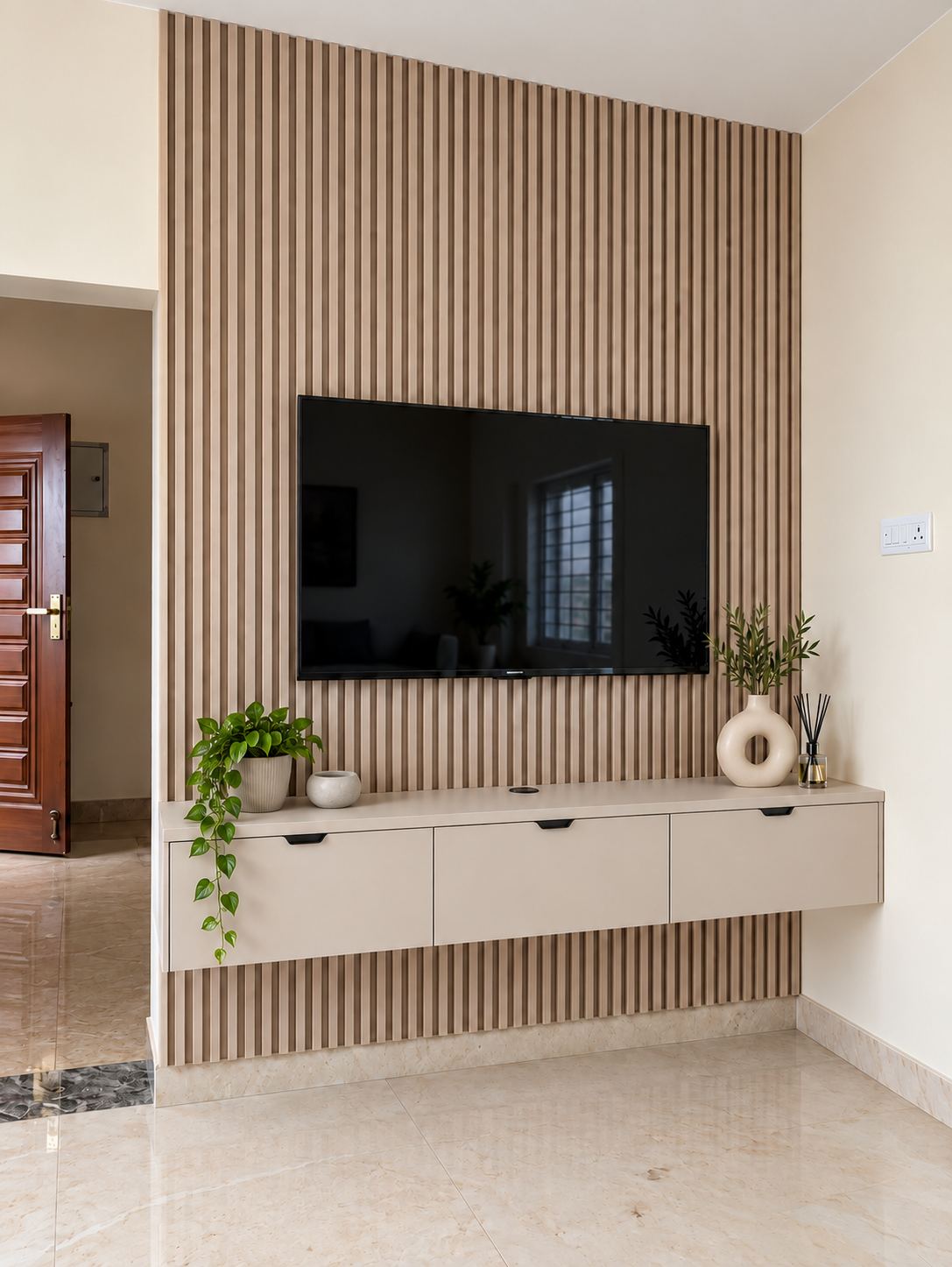 Living room TV unit with wood slat panelling