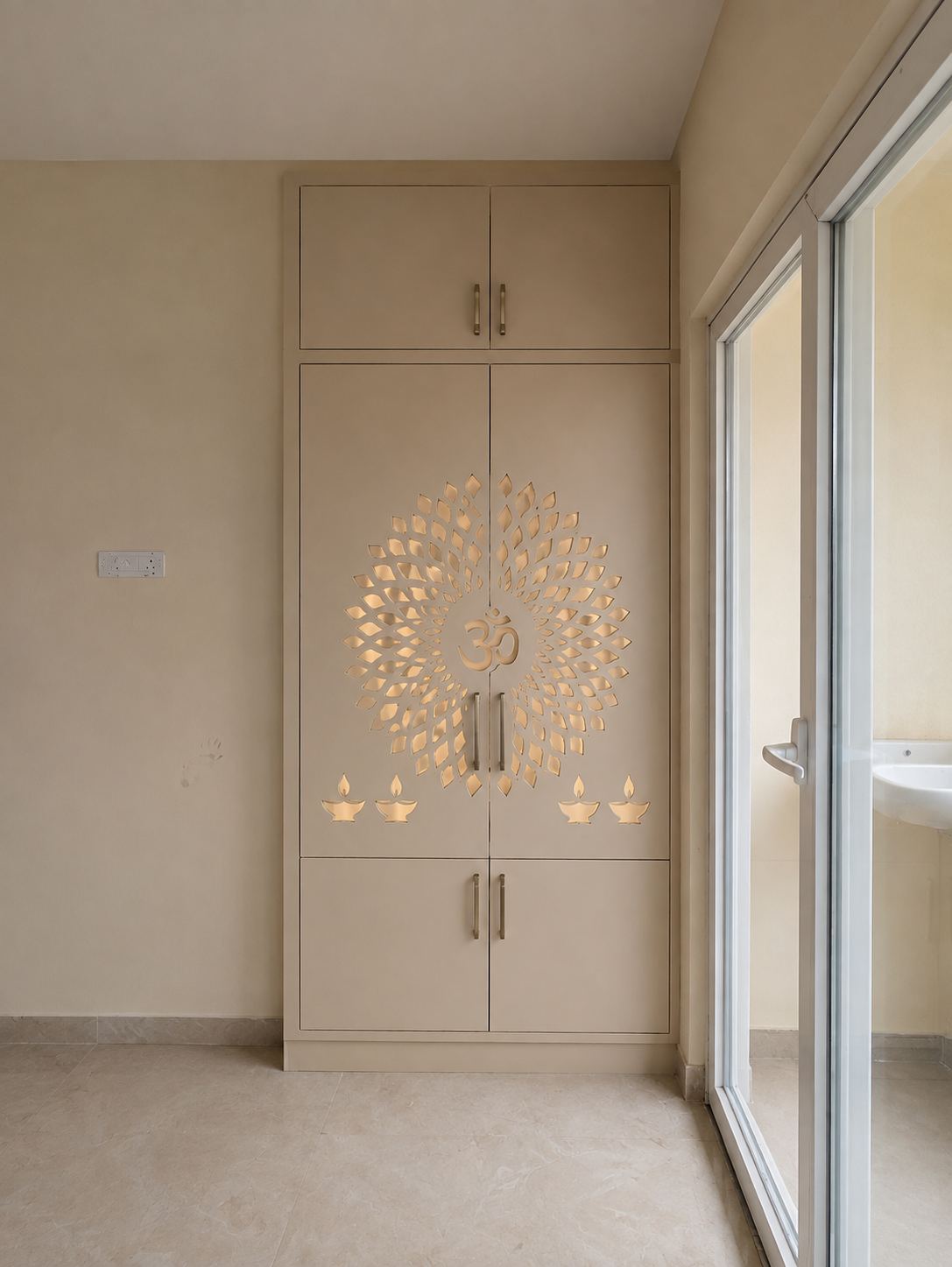 Backlit pooja unit with lotus jaali cutout